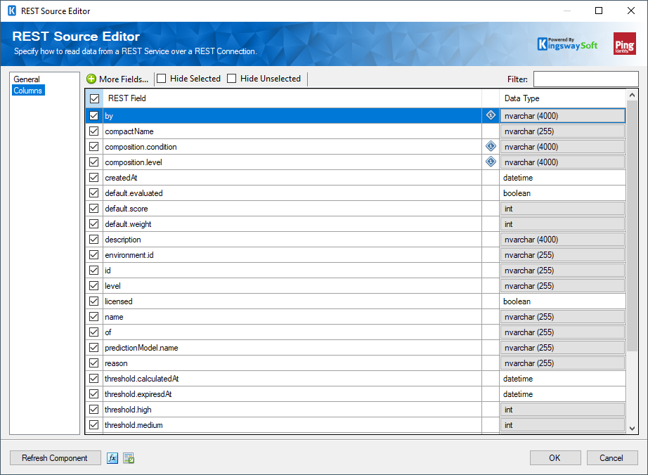 SSIS Ping Identity Source Component - Columns